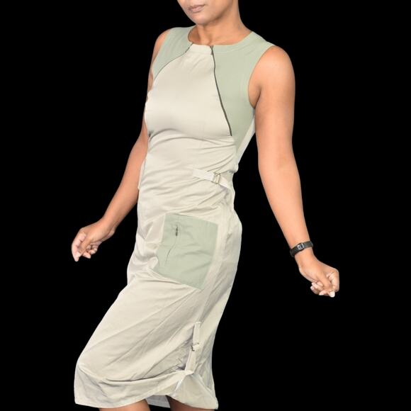 None Dresses & Skirts - Cargo Utility Midi Dress Tan Khaki Stretch Zippers Parachute Sack Utilitarian XS
